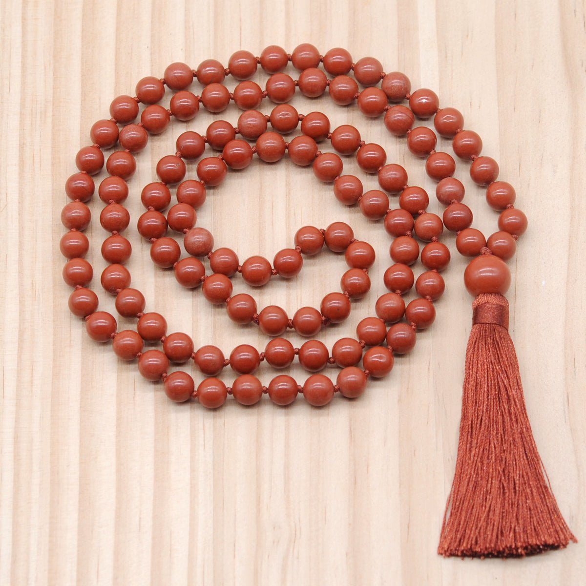 GMN168 Hand-Knotted Smooth Red Jasper 108 Beads Mala Necklace