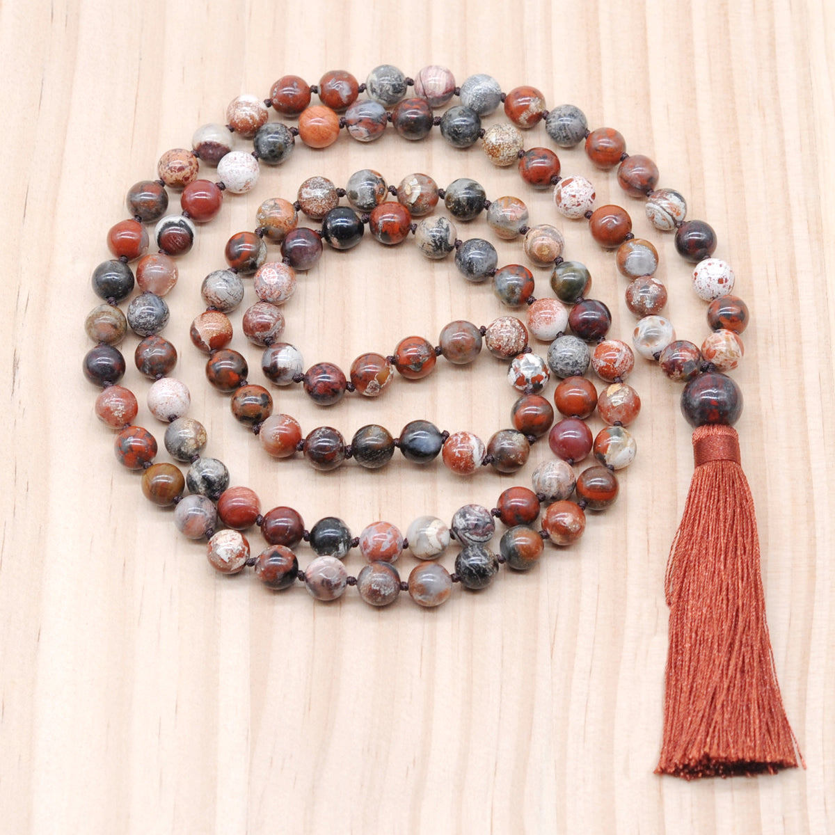 GMN169 Hand-Knotted Smooth Brecciated Jasper 108 Beads Mala Necklace