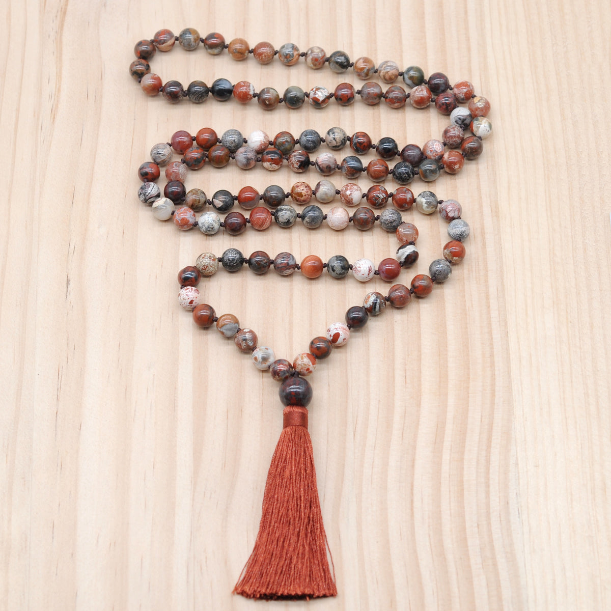 GMN169 Hand-Knotted Smooth Brecciated Jasper 108 Beads Mala Necklace