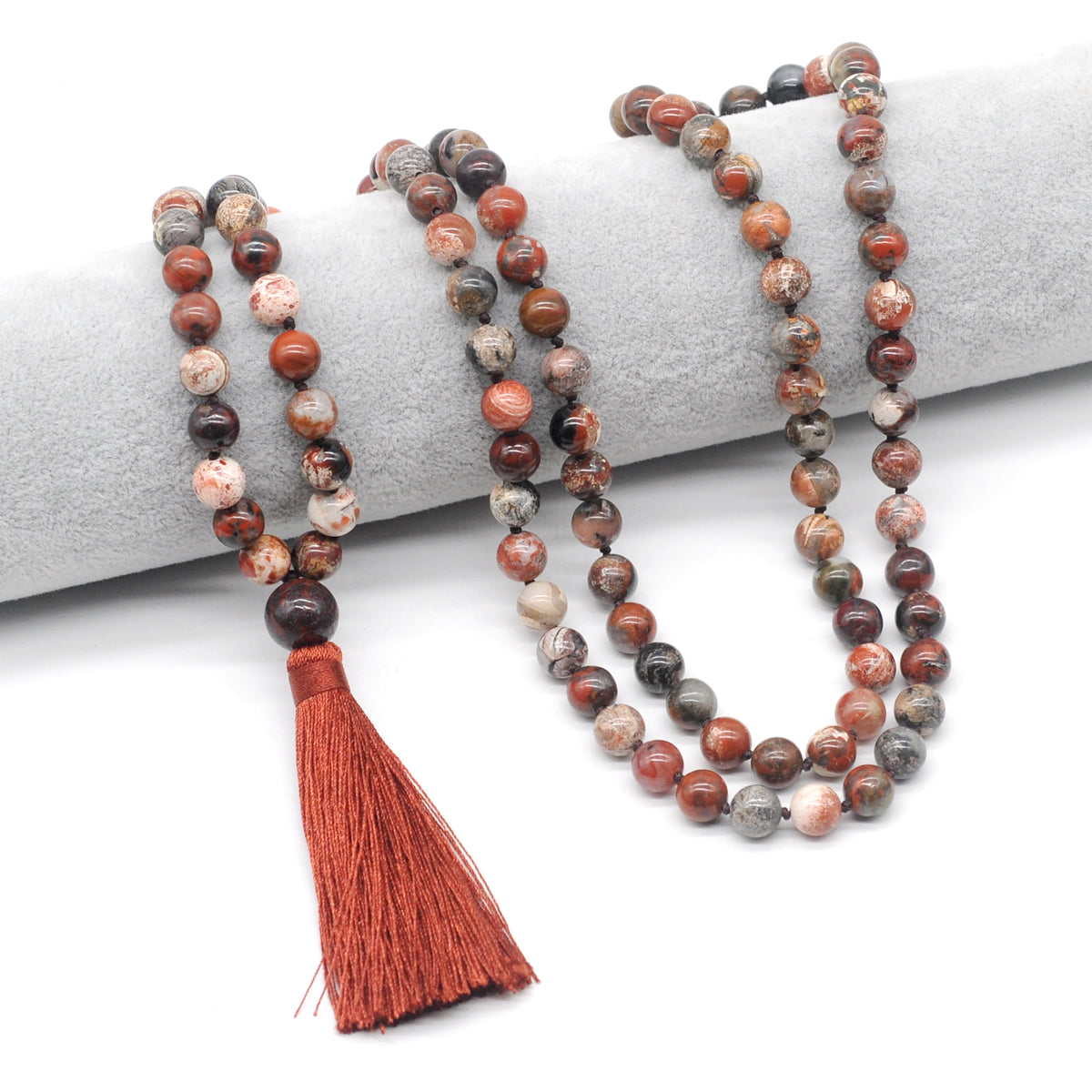 GMN169 Hand-Knotted Smooth Brecciated Jasper 108 Beads Mala Necklace