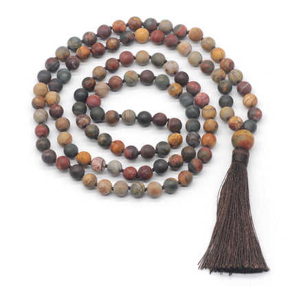 GMN17 Hand-Knotted Matte Picasso Jasper 108 Beads Mala Necklace