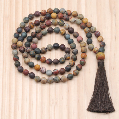 GMN17 Hand-Knotted Matte Picasso Jasper 108 Beads Mala Necklace