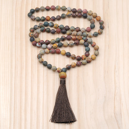 GMN17 Hand-Knotted Matte Picasso Jasper 108 Beads Mala Necklace