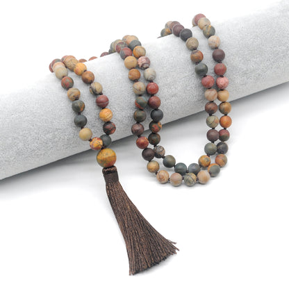 GMN17 Hand-Knotted Matte Picasso Jasper 108 Beads Mala Necklace