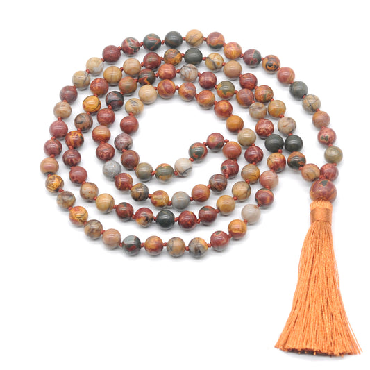 GMN170 Hand-Knotted Smooth Picasso Jasper 108 Beads Mala Necklace