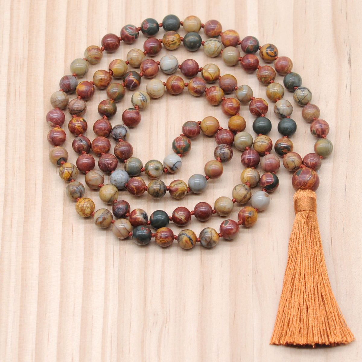 GMN170 Hand-Knotted Smooth Picasso Jasper 108 Beads Mala Necklace