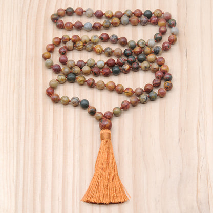 GMN170 Hand-Knotted Smooth Picasso Jasper 108 Beads Mala Necklace