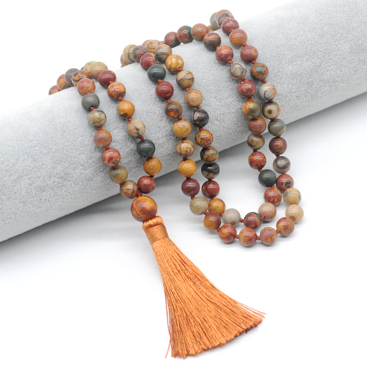 GMN170 Hand-Knotted Smooth Picasso Jasper 108 Beads Mala Necklace