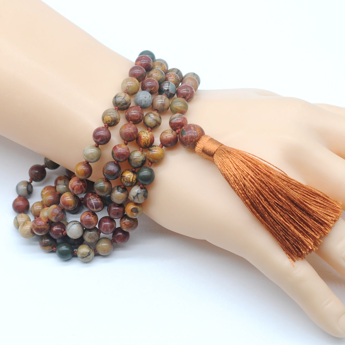 GMN170 Hand-Knotted Smooth Picasso Jasper 108 Beads Mala Necklace