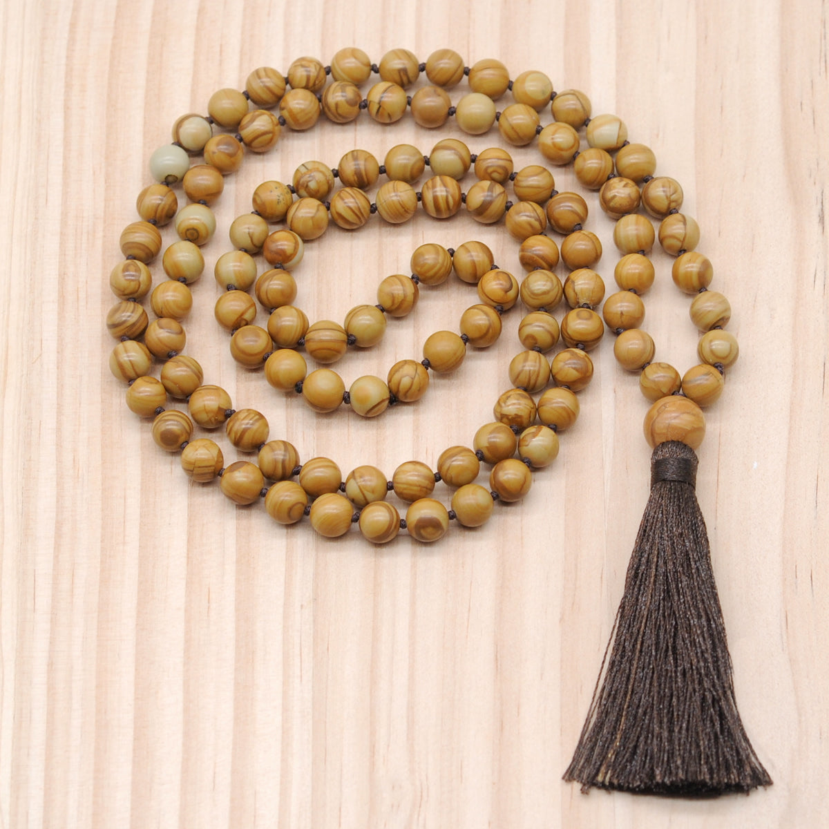 GMN171 Hand-Knotted Smooth Wooden Jasper 108 Beads Mala Necklace