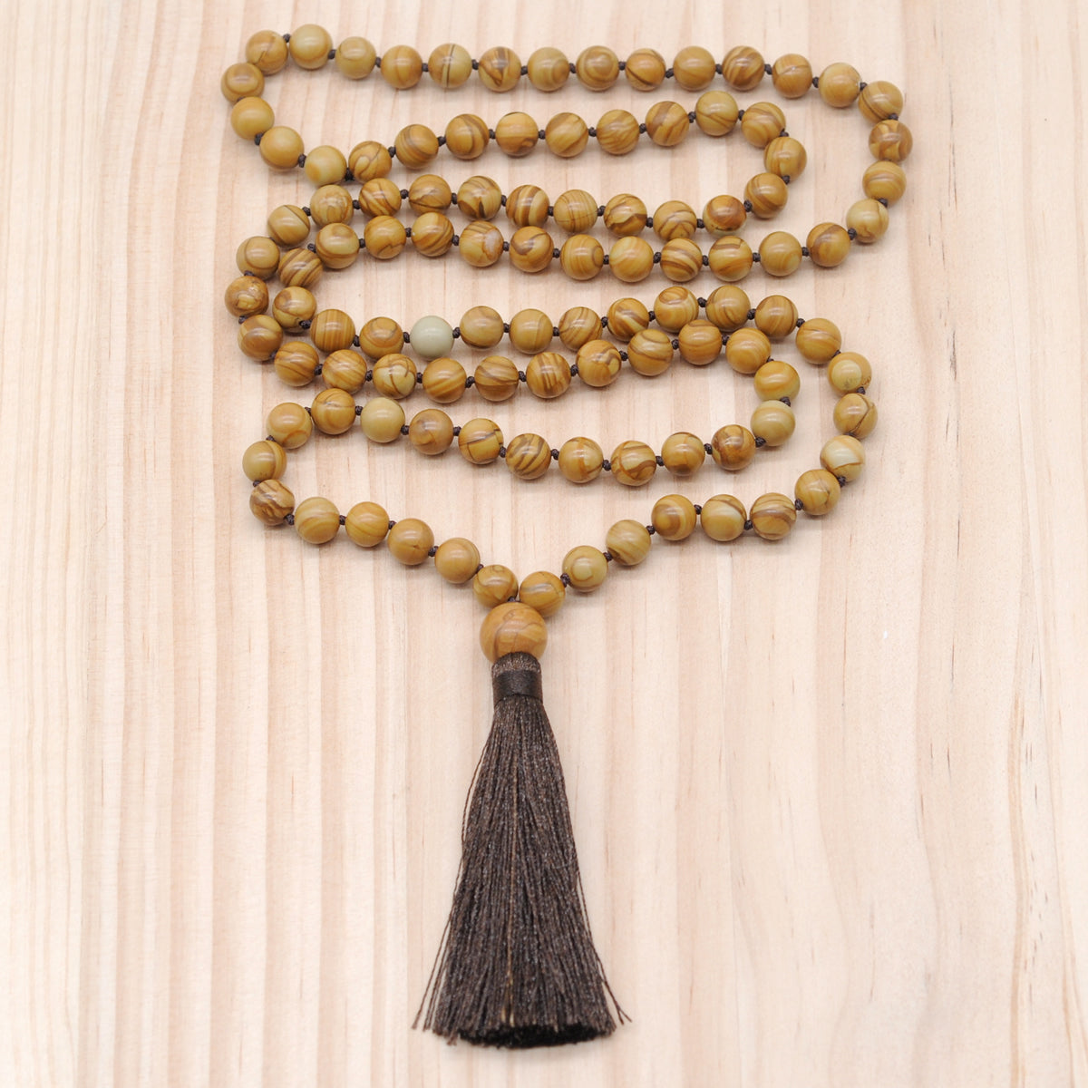 GMN171 Hand-Knotted Smooth Wooden Jasper 108 Beads Mala Necklace