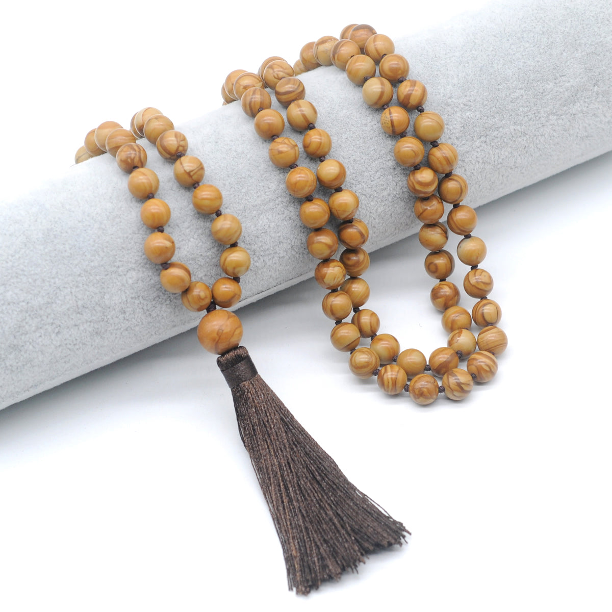 GMN171 Hand-Knotted Smooth Wooden Jasper 108 Beads Mala Necklace