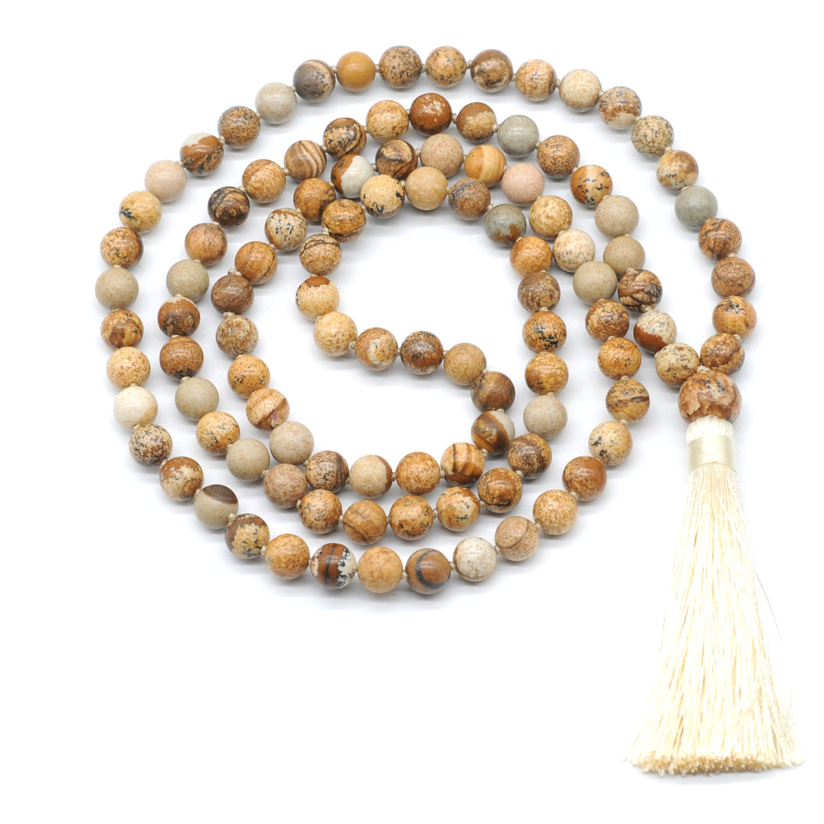 GMN172 Hand-Knotted Smooth Picture Jasper 108 Beads Mala Necklace