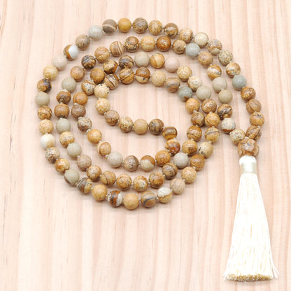 GMN172 Hand-Knotted Smooth Picture Jasper 108 Beads Mala Necklace