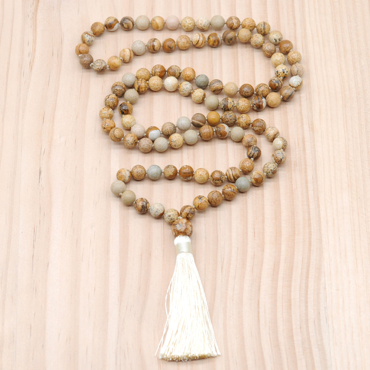 GMN172 Hand-Knotted Smooth Picture Jasper 108 Beads Mala Necklace