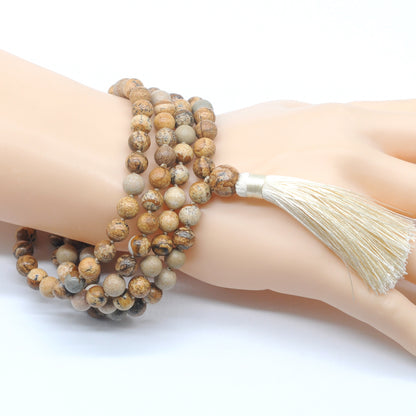 GMN172 Hand-Knotted Smooth Picture Jasper 108 Beads Mala Necklace