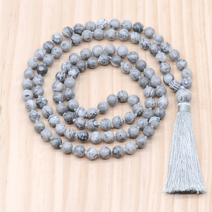 GMN173 Hand-Knotted Smooth Grey Picture Jasper 108 Beads Mala Necklace