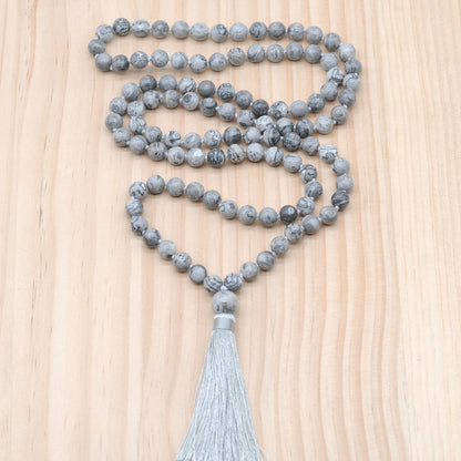 GMN173 Hand-Knotted Smooth Grey Picture Jasper 108 Beads Mala Necklace