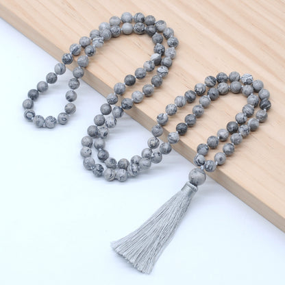 GMN173 Hand-Knotted Smooth Grey Picture Jasper 108 Beads Mala Necklace