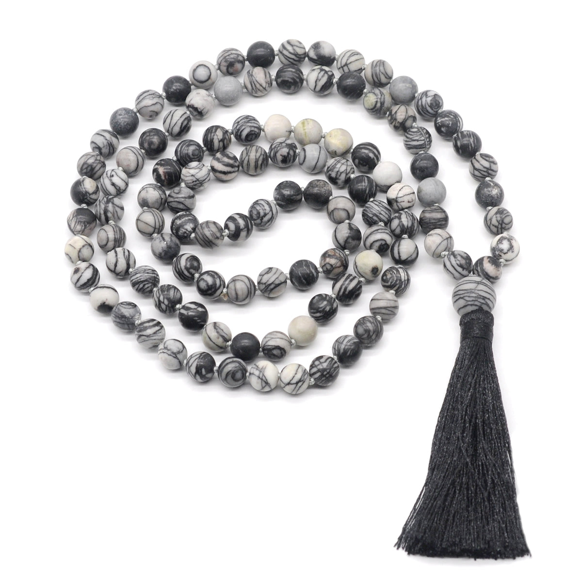 GMN174 Hand-Knotted Smooth Black Net Jasper 108 Beads Mala Necklace