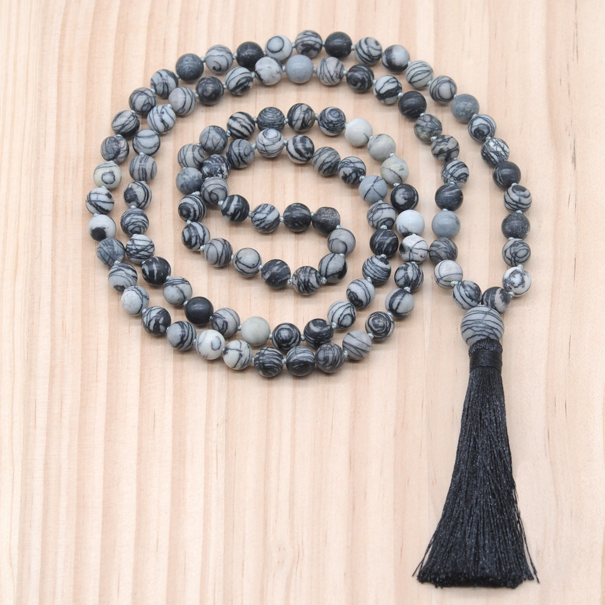 GMN174 Hand-Knotted Smooth Black Net Jasper 108 Beads Mala Necklace