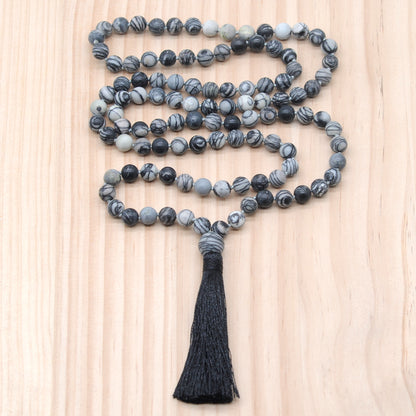 GMN174 Hand-Knotted Smooth Black Net Jasper 108 Beads Mala Necklace