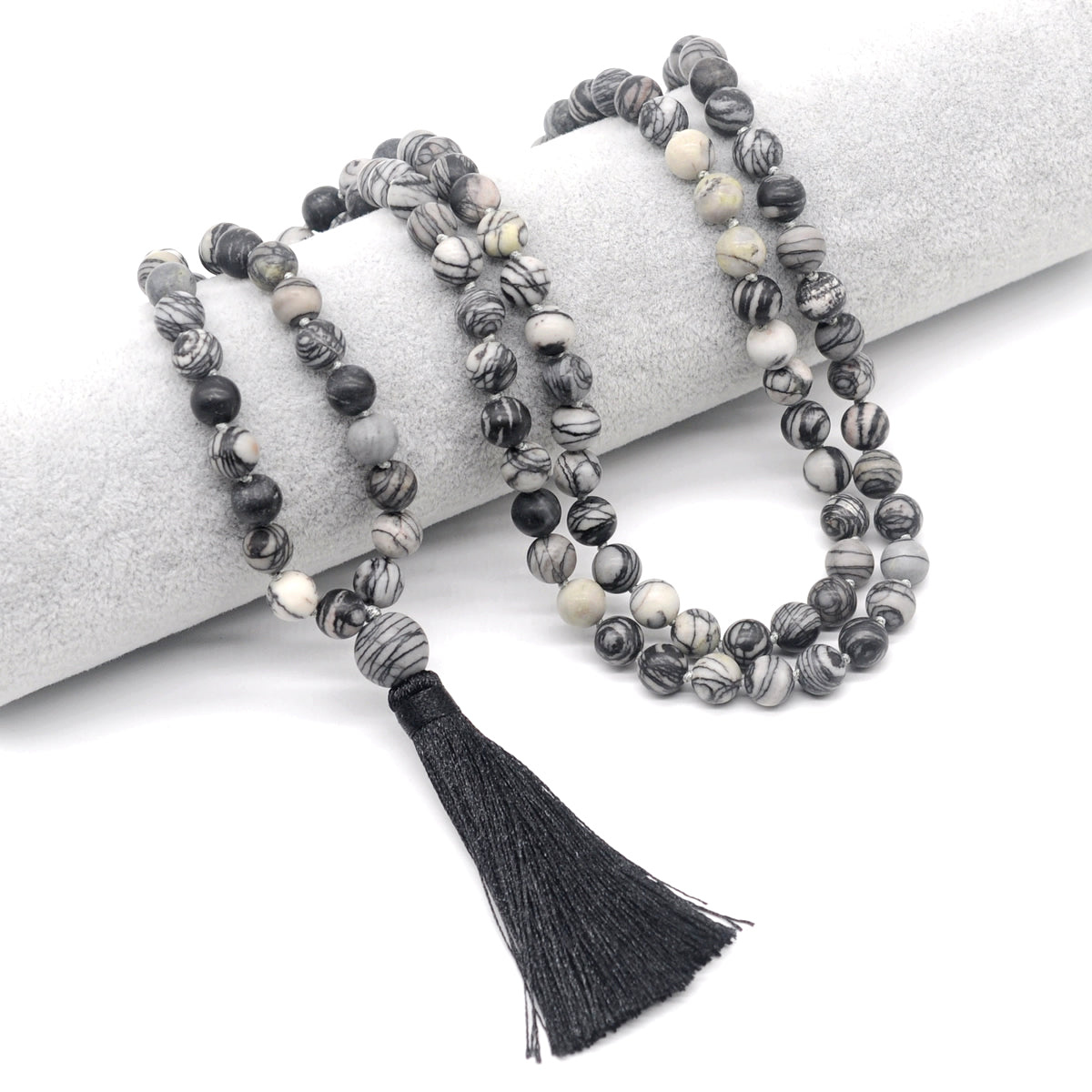 GMN174 Hand-Knotted Smooth Black Net Jasper 108 Beads Mala Necklace