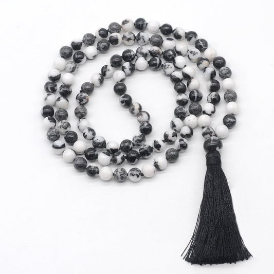 GMN175 Hand-Knotted Smooth Black & White Jasper 108 Beads Mala Necklace