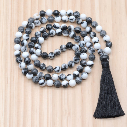 GMN175 Hand-Knotted Smooth Black & White Jasper 108 Beads Mala Necklace