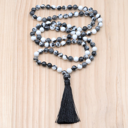 GMN175 Hand-Knotted Smooth Black & White Jasper 108 Beads Mala Necklace