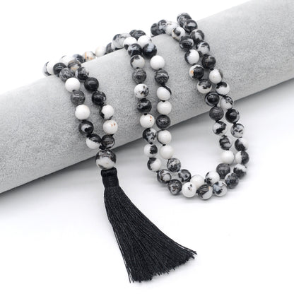 GMN175 Hand-Knotted Smooth Black & White Jasper 108 Beads Mala Necklace