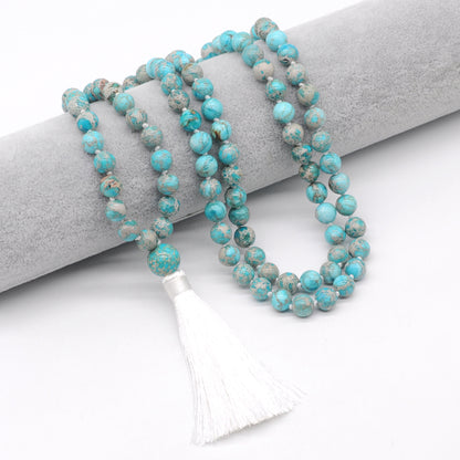 GMN179 Hand-Knotted Smooth Blue Sea Sediment Jasper 108 Beads Mala Necklace