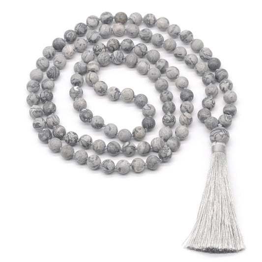 GMN18 Hand-Knotted Matte Grey Picture Jasper 108 Beads Mala Necklace