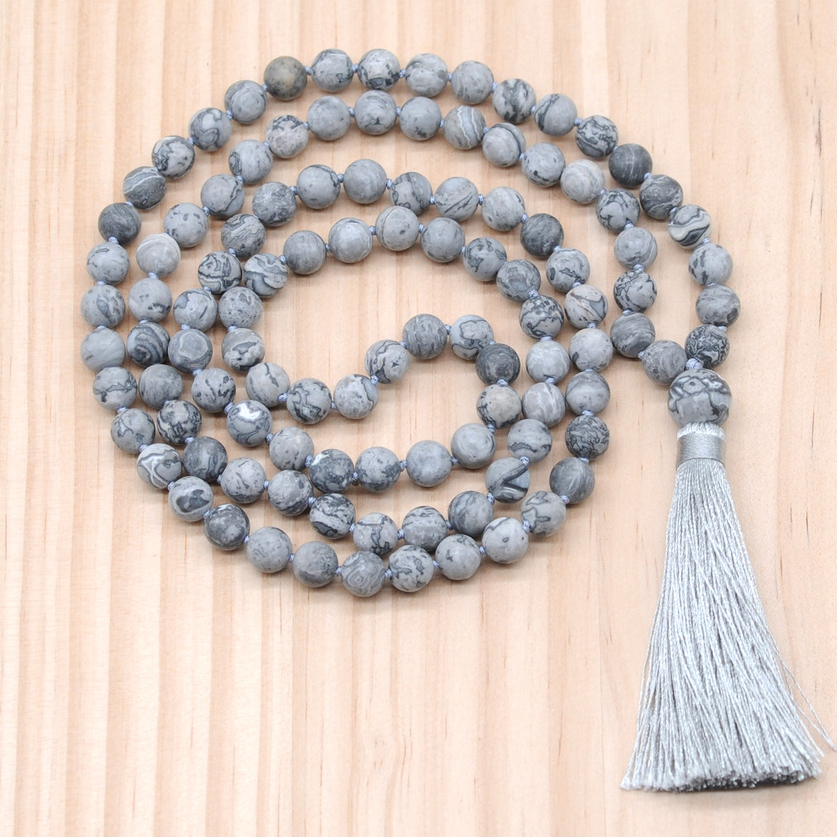 GMN18 Hand-Knotted Matte Grey Picture Jasper 108 Beads Mala Necklace