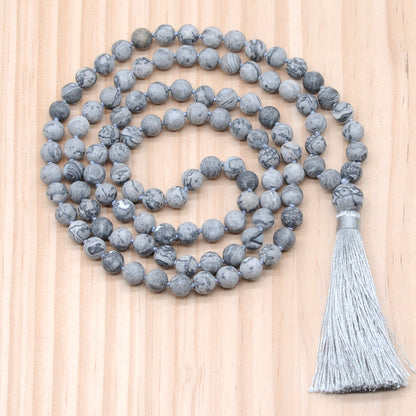 GMN18 Hand-Knotted Matte Grey Picture Jasper 108 Beads Mala Necklace