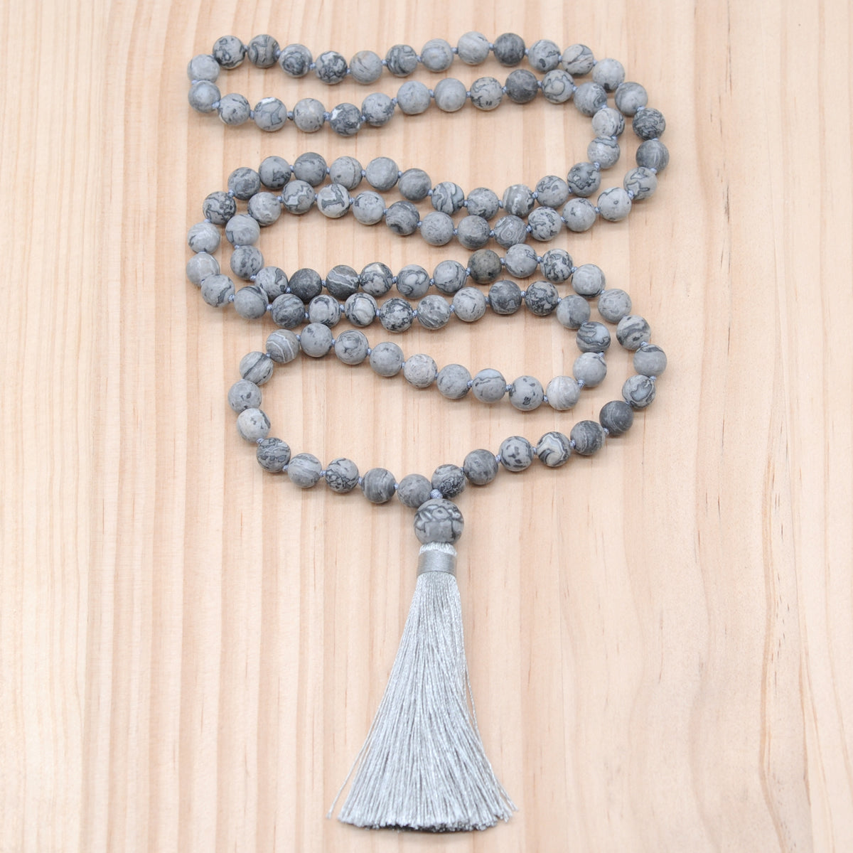 GMN18 Hand-Knotted Matte Grey Picture Jasper 108 Beads Mala Necklace