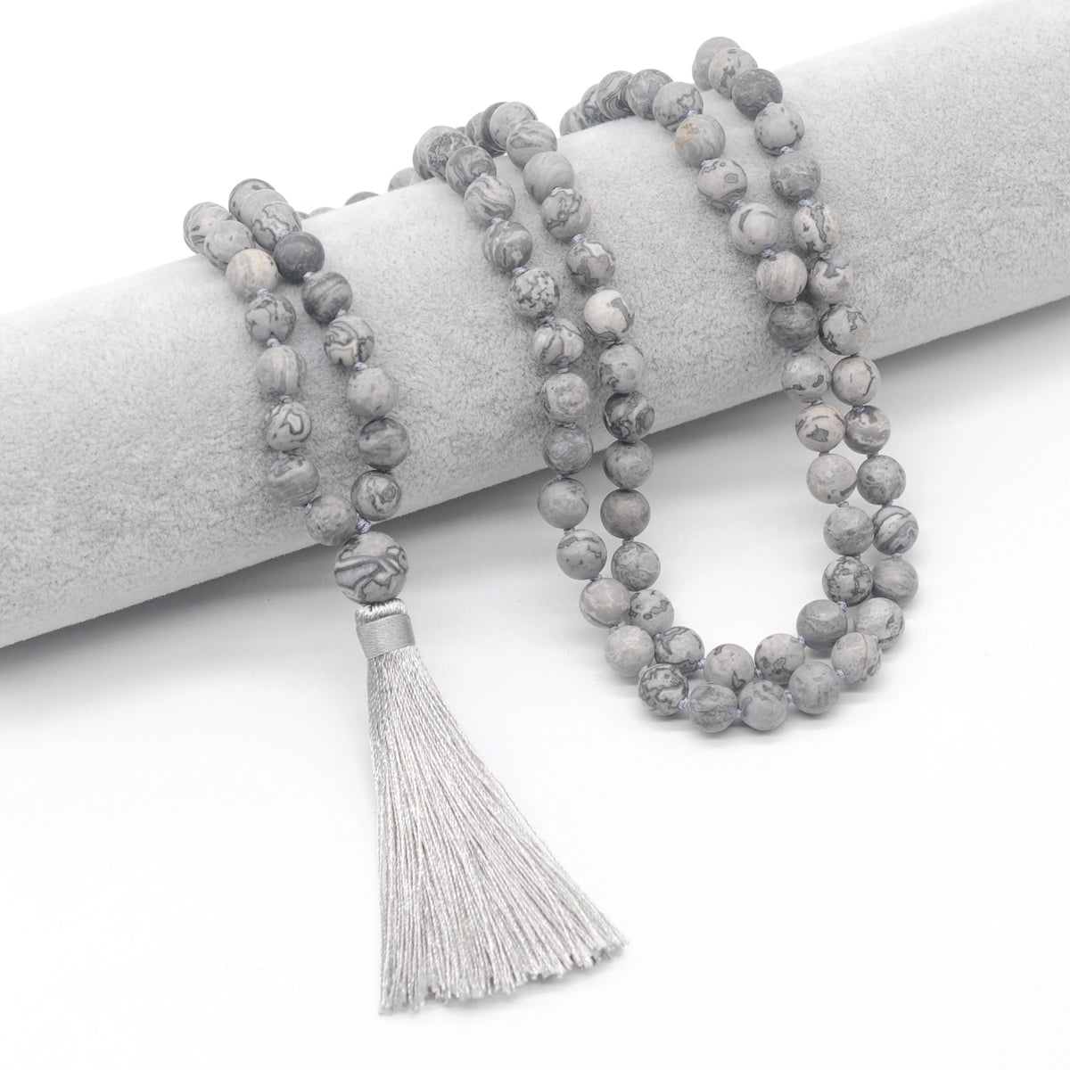 GMN18 Hand-Knotted Matte Grey Picture Jasper 108 Beads Mala Necklace