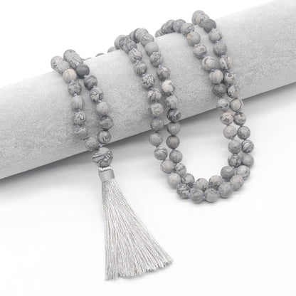 GMN18 Hand-Knotted Matte Grey Picture Jasper 108 Beads Mala Necklace