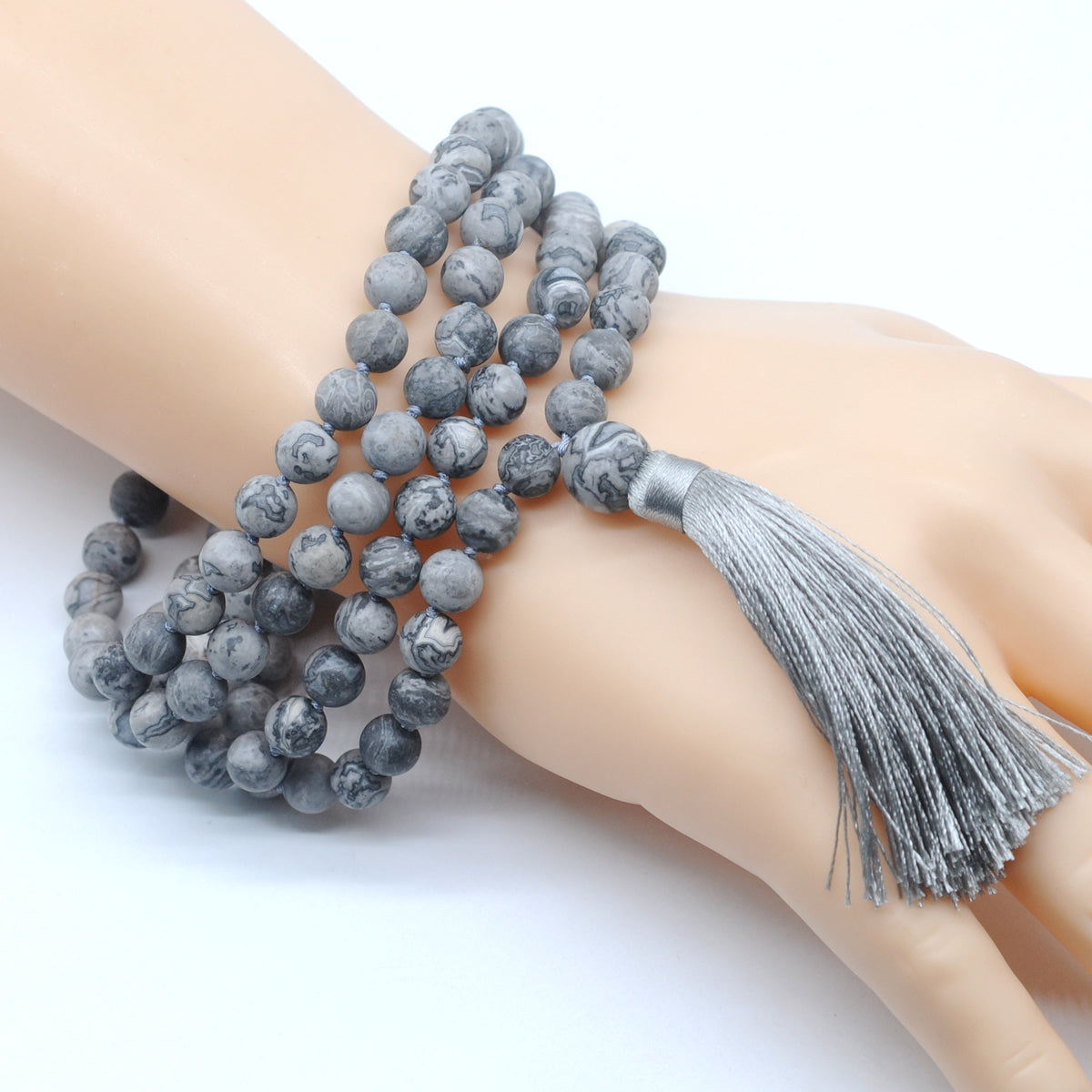 GMN18 Hand-Knotted Matte Grey Picture Jasper 108 Beads Mala Necklace