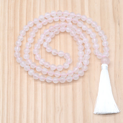 GMN181 Hand-Knotted Smooth Rose Quartz 108 Beads Mala Necklace