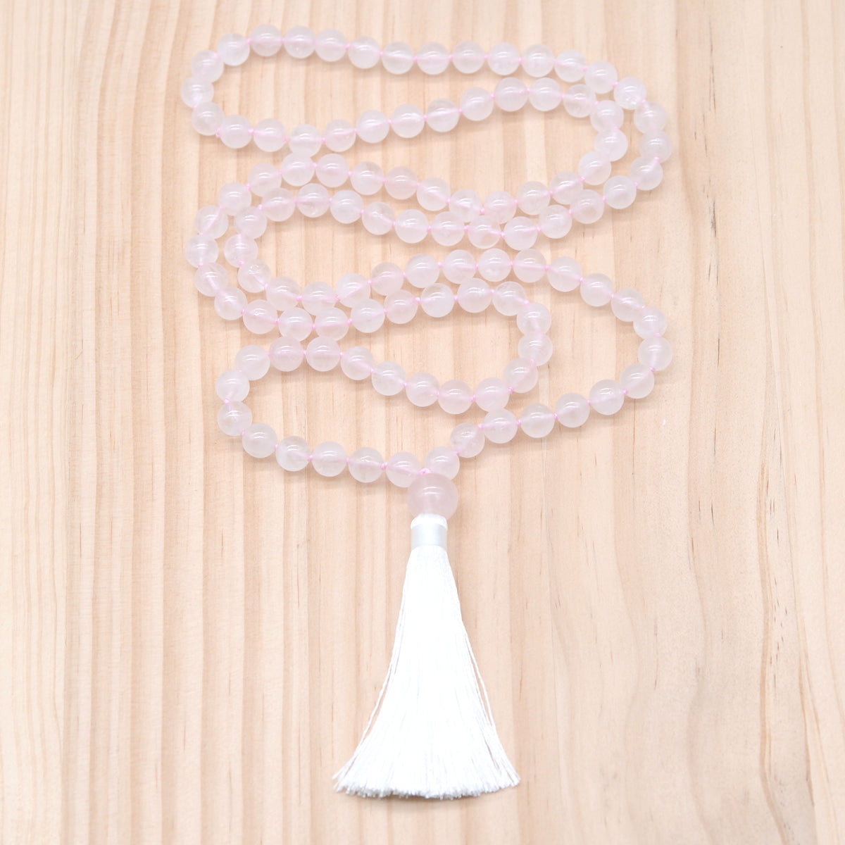 GMN181 Hand-Knotted Smooth Rose Quartz 108 Beads Mala Necklace