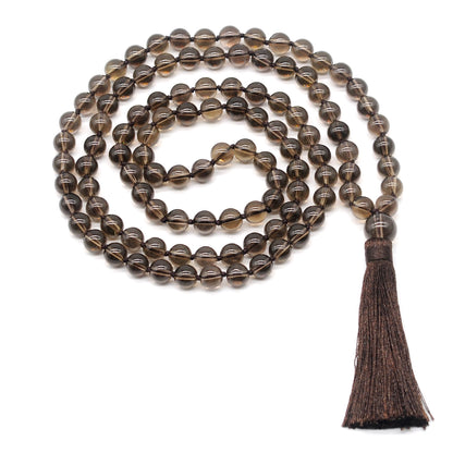 GMN182 Hand-Knotted Smooth Smoky Quartz 108 Beads Mala Necklace