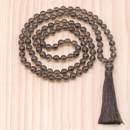 GMN182 Hand-Knotted Smooth Smoky Quartz 108 Beads Mala Necklace