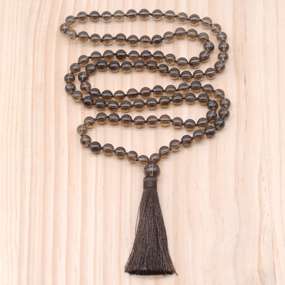 GMN182 Hand-Knotted Smooth Smoky Quartz 108 Beads Mala Necklace