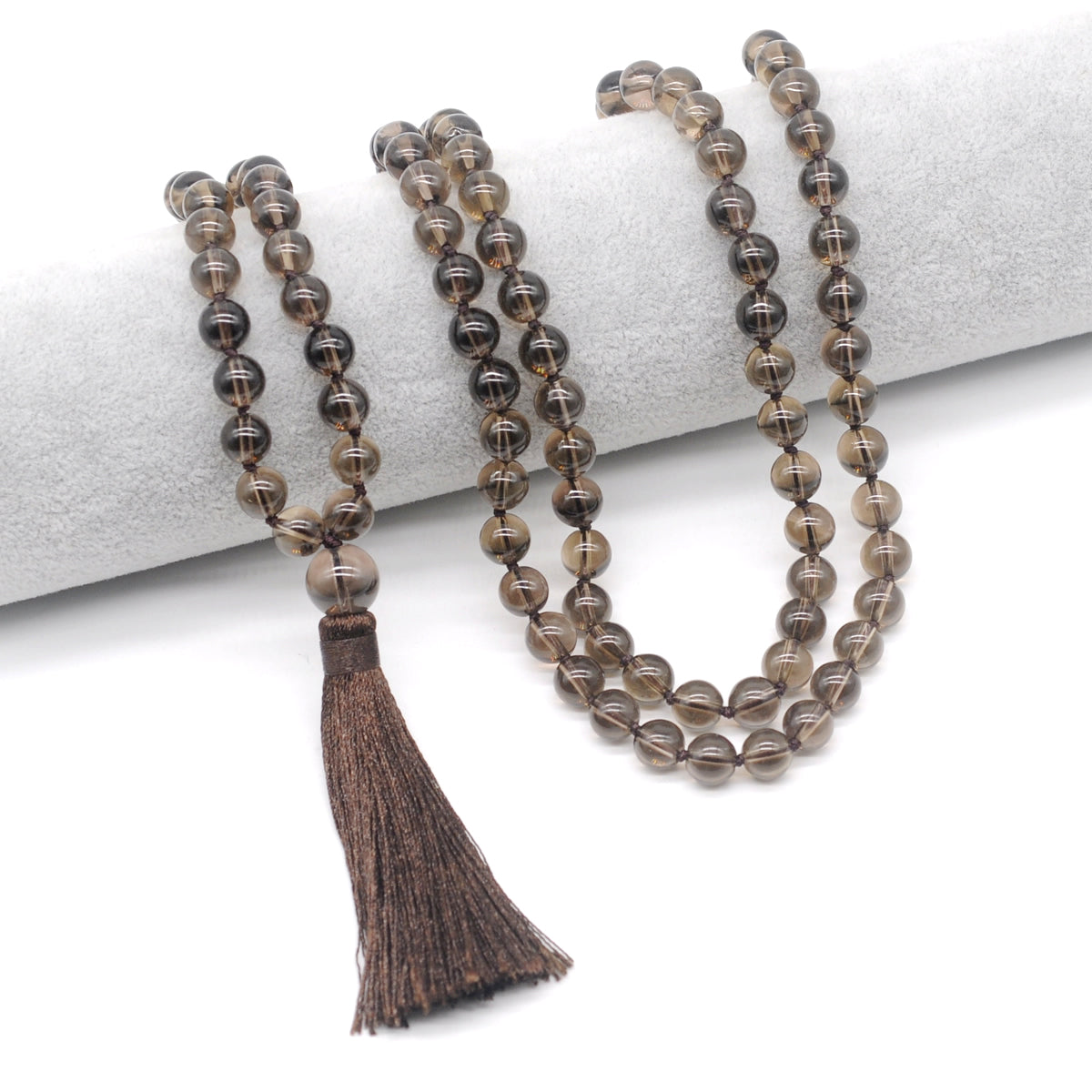 GMN182 Hand-Knotted Smooth Smoky Quartz 108 Beads Mala Necklace