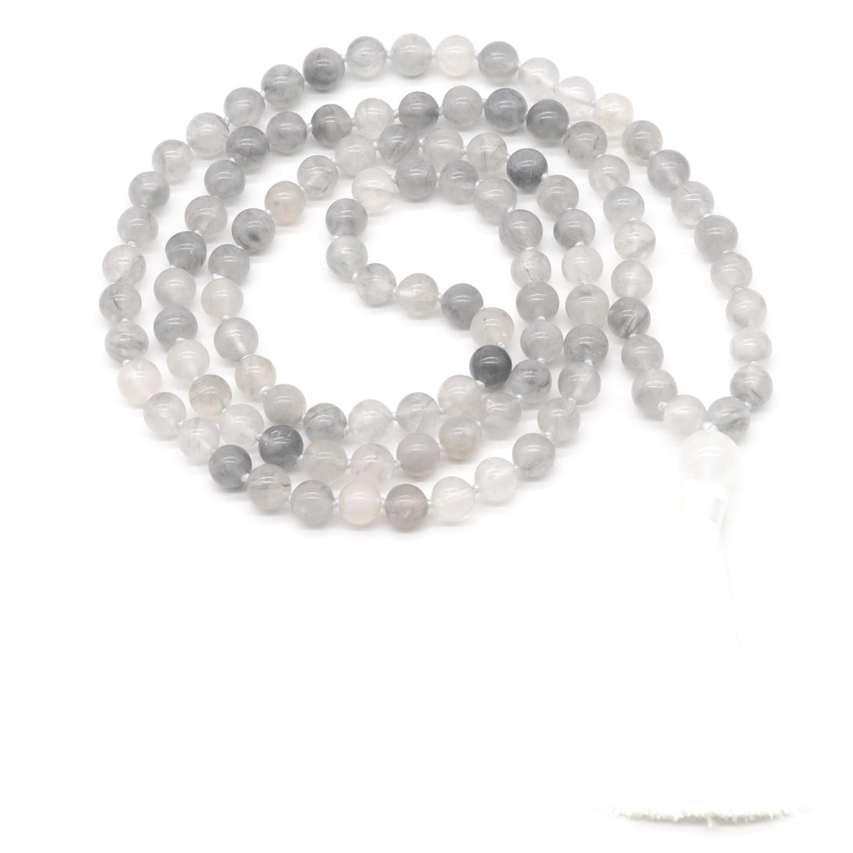 GMN183 Hand-Knotted Smooth Cloudy Quartz 108 Beads Mala Necklace