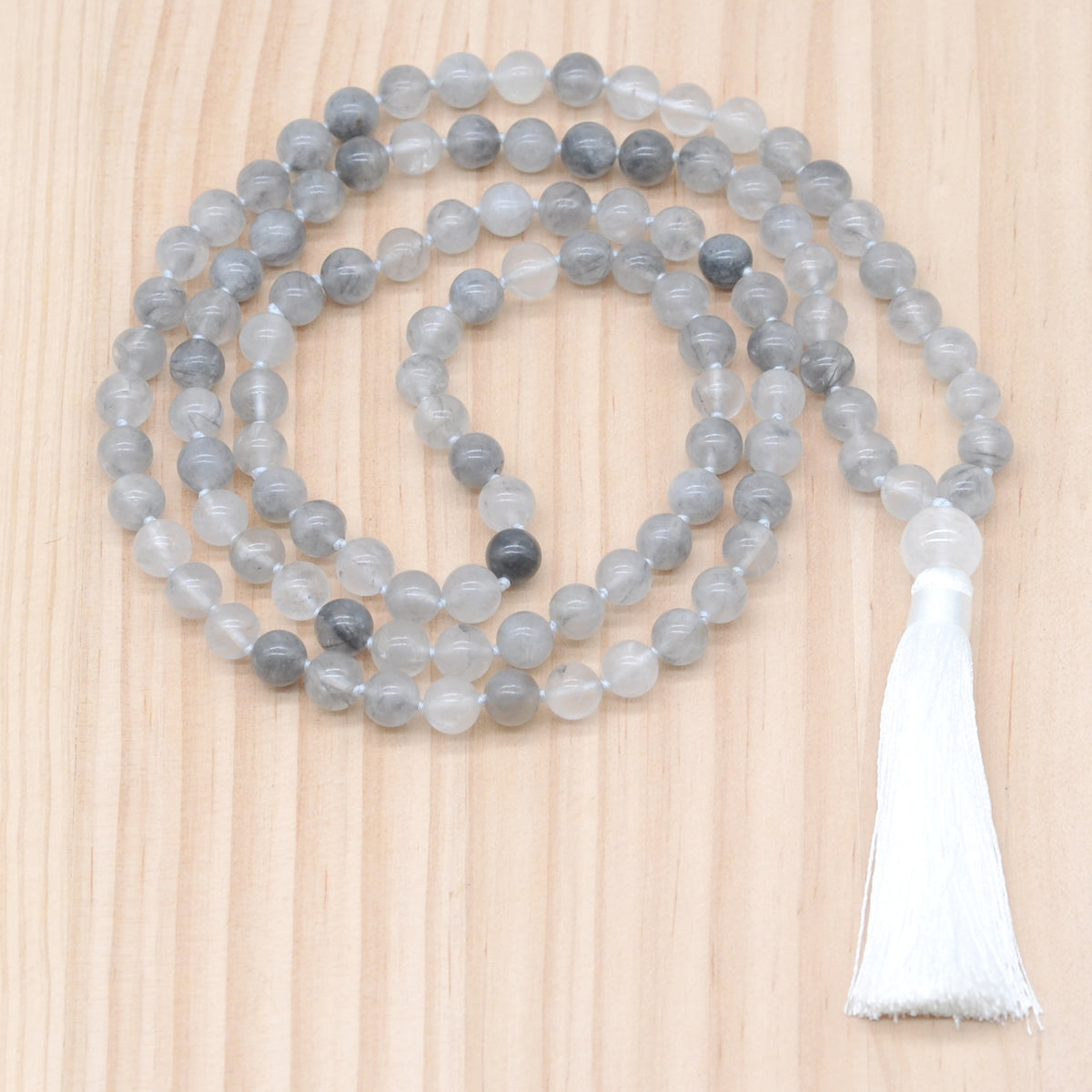 GMN183 Hand-Knotted Smooth Cloudy Quartz 108 Beads Mala Necklace