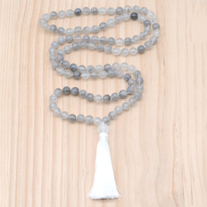 GMN183 Hand-Knotted Smooth Cloudy Quartz 108 Beads Mala Necklace