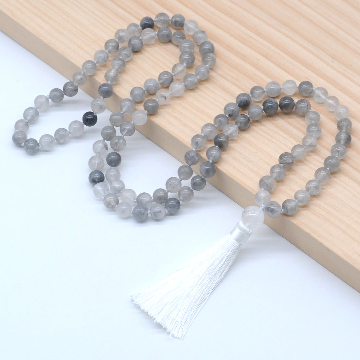 GMN183 Hand-Knotted Smooth Cloudy Quartz 108 Beads Mala Necklace