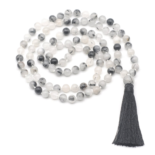 GMN184 Hand-Knotted Smooth Black Rutilated Quartz 108 Beads Mala Necklace